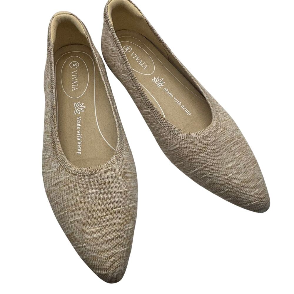 VIVAIA EU 39.5 Hemp Knit Pointed Toe Flats Beige Comfort Slip On Women Shoes